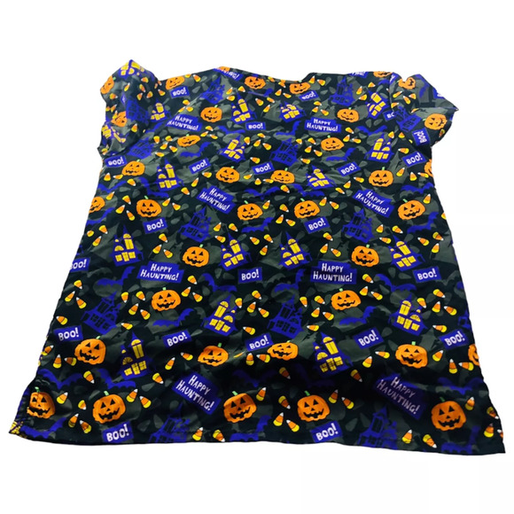 Lot of 2 Womens Halloween Scrubs Top Pumpkin Candy Corn Allover Print Small - Picture 5 of 9